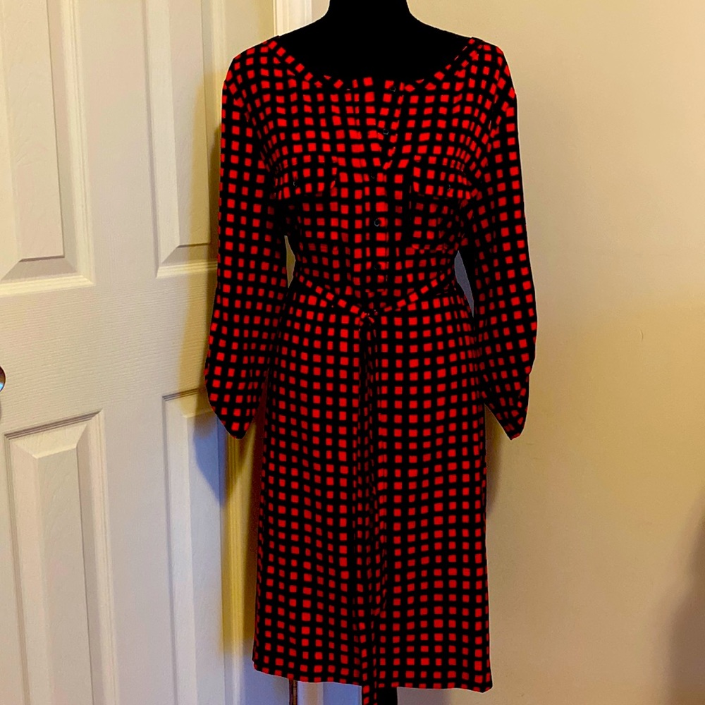 Black and red shirt dress with wrap tie